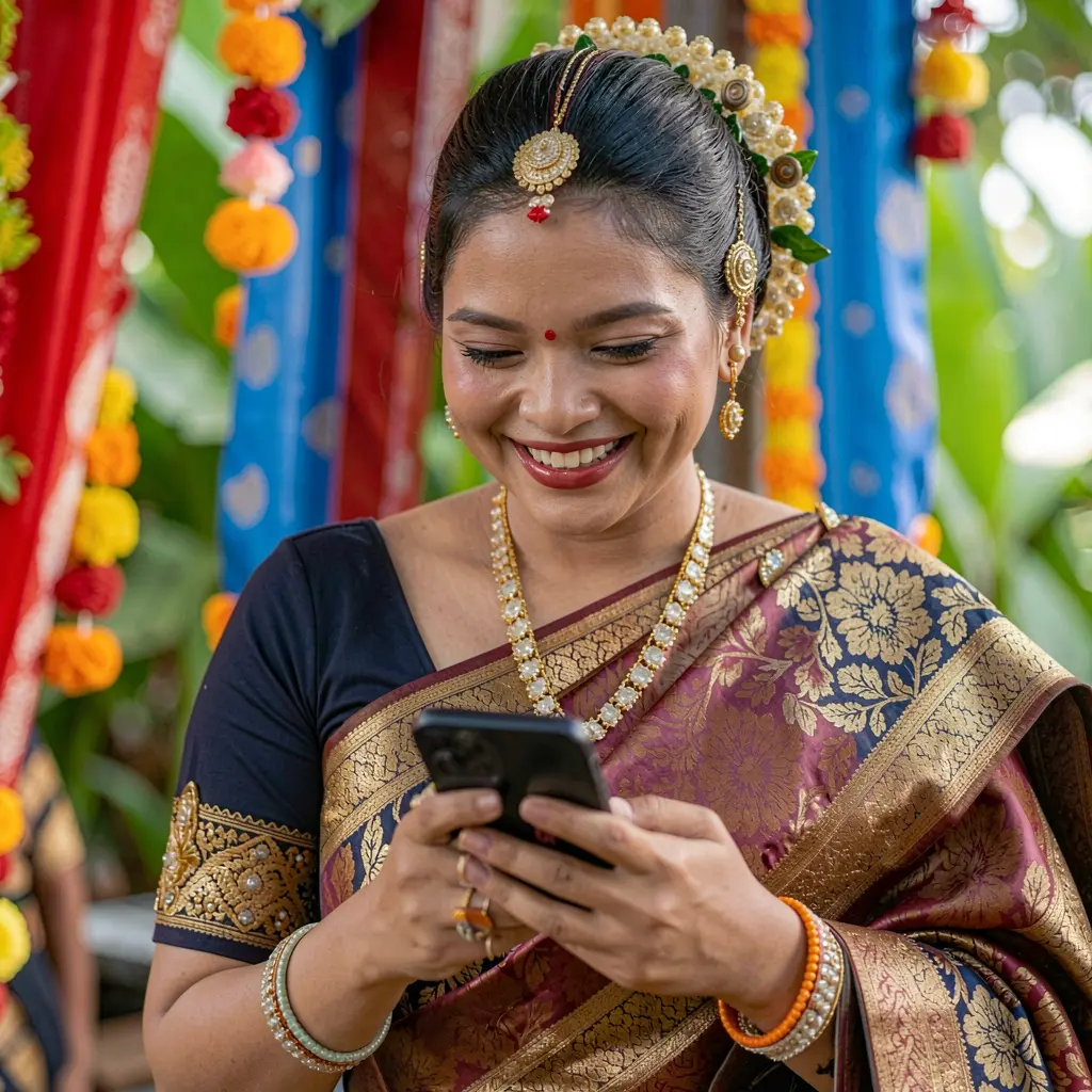 KA789 App – A seamless and enjoyable mobile casino experience for players in Indonesia Smiling Indonesian woman browsing the KA789 mobile casino app on her smartphone surrounded by colorful market lights