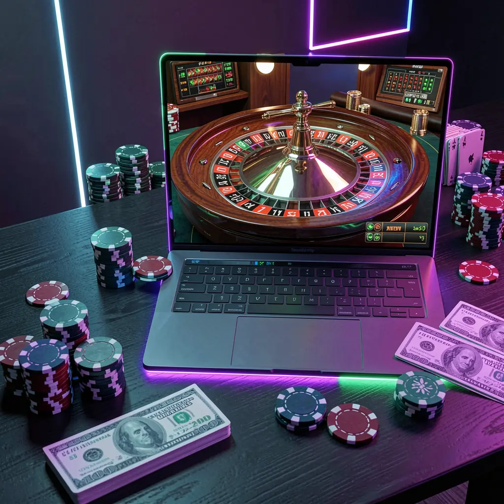 KA789 – Discover high quality online roulette entertainment in Indonesia Futuristic online roulette experience on a laptop surrounded by colorful casino chips and neon lights powered by KA789 for players in Indonesia