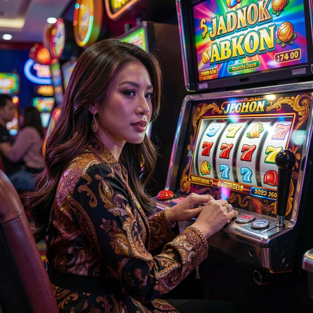 An elegant Indonesian woman enjoying vibrant slot machine gameplay at KA789 casino with glowing reels and a premium gaming atmosphere